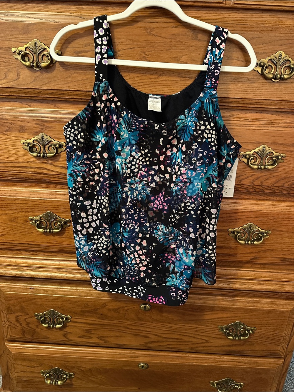 Women's Black Floral Scoop Neck Swim top